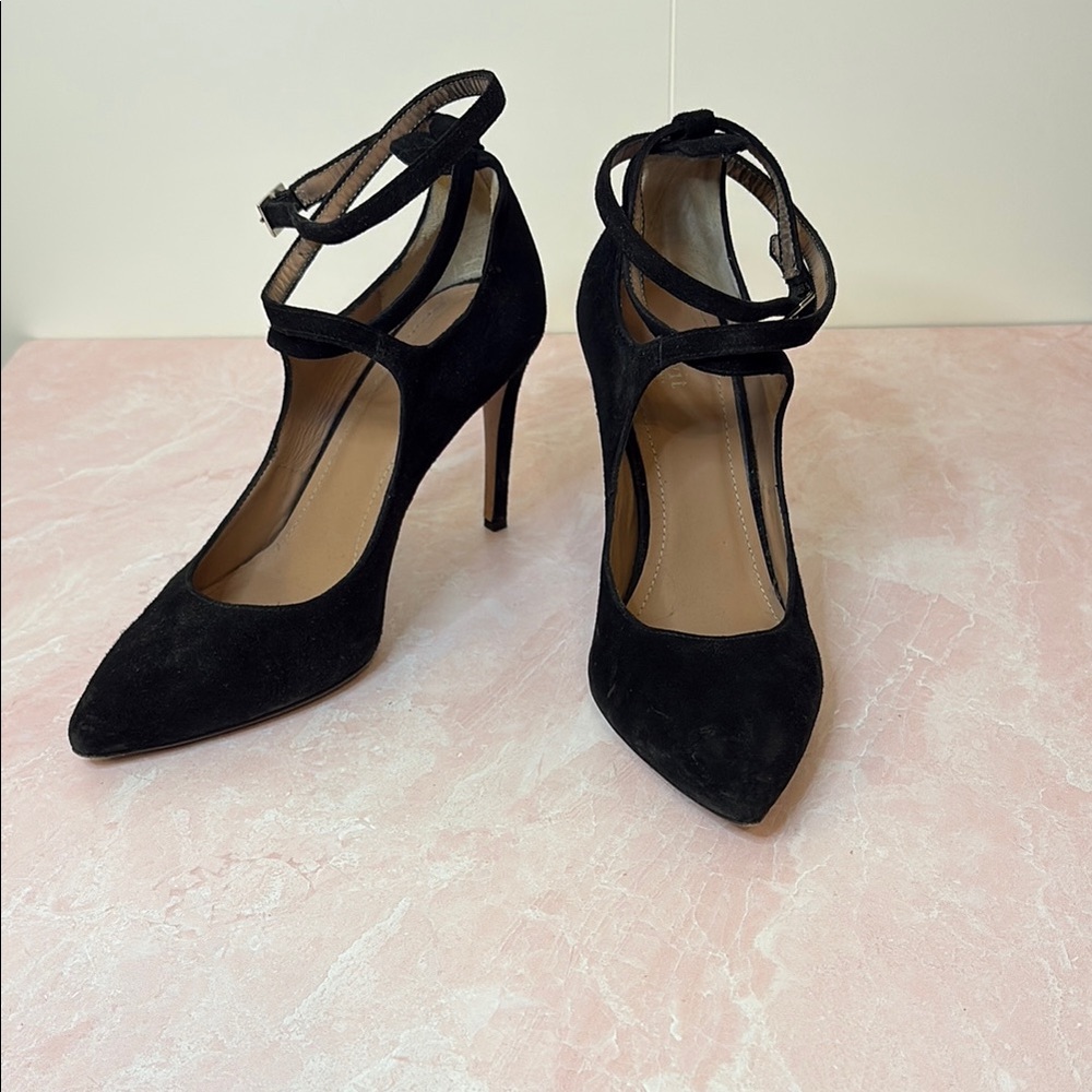 Lewit Black Suede Stiletto Heels with Double Ankle Straps